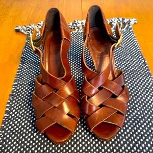 J Crew Leather Woven Peep Toe Buckle Heels Italy Womens 8.5